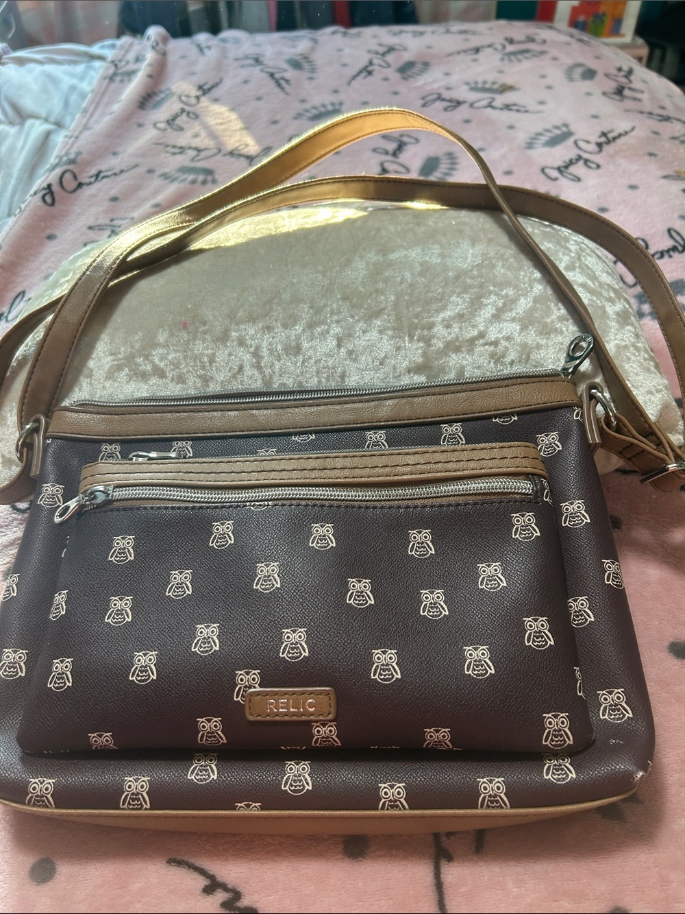 Relic Brown Crossbody Bag with Tan Trim and Owl Motif